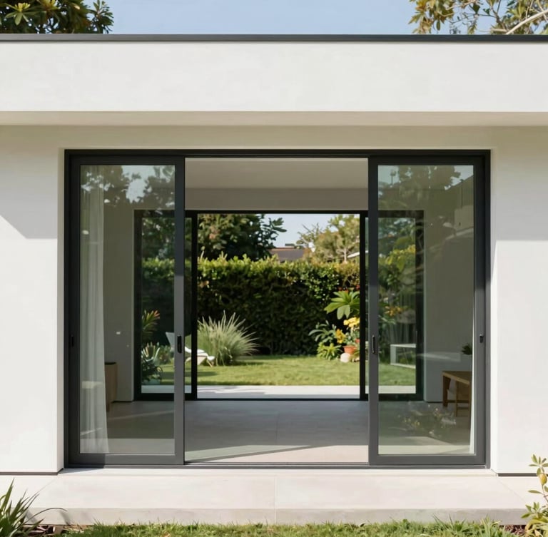 A minimalist modern house facade featuring expansive sliding glass doors with slim black aluminum frames, opening to a lush garden, bright daylight