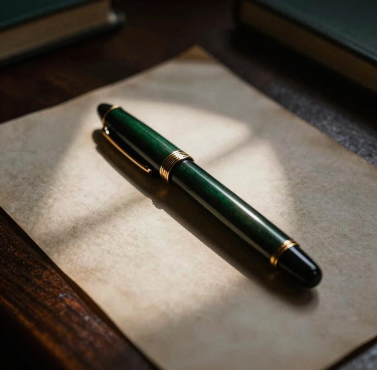 A close-up macro shot of a vintage fountain pen resting on heavy aged parchment paper, dark mahogany desk, dramatic single-source window light, deep shadows.
