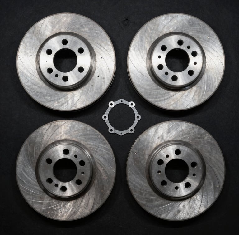 Top-down technical layout of pristine machined steel brake rotors and fresh gaskets on a matte black background, stark high-contrast workshop lighting.