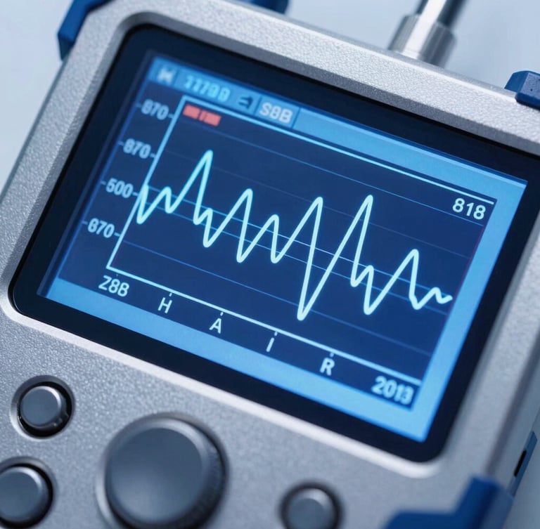 Macro shot of a high-end digital diagnostic tool displaying sharp wave forms, cool blue tool-glow, metallic silver background, sharp technical photography.
