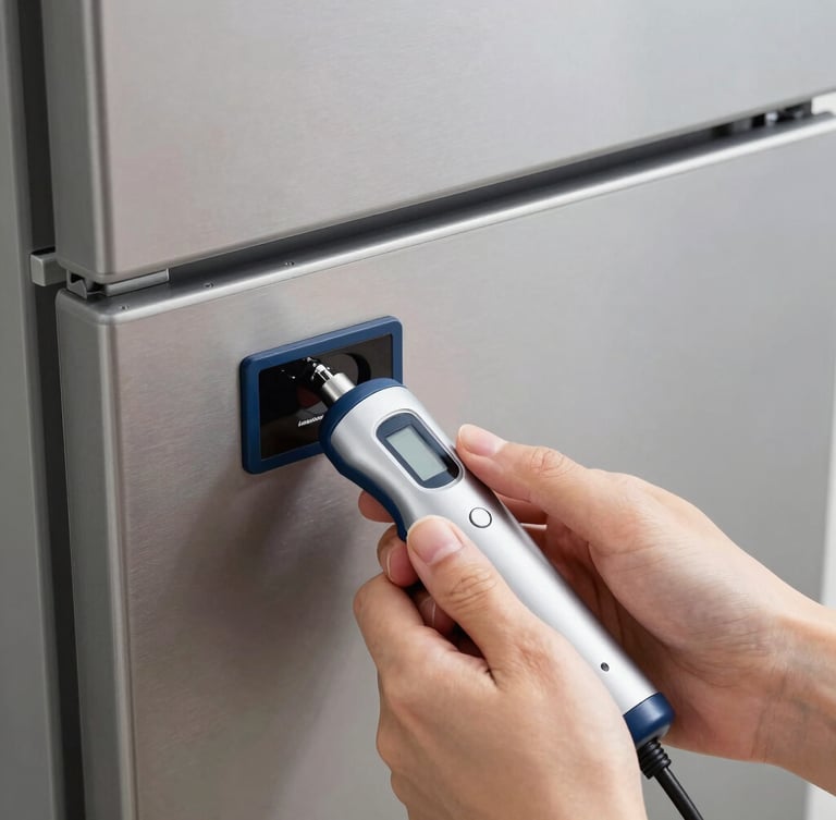 Close-up of clean hands using a specialized digital calibration instrument on a premium stainless steel built-in refrigerator panel, sharp high-contrast lighting.