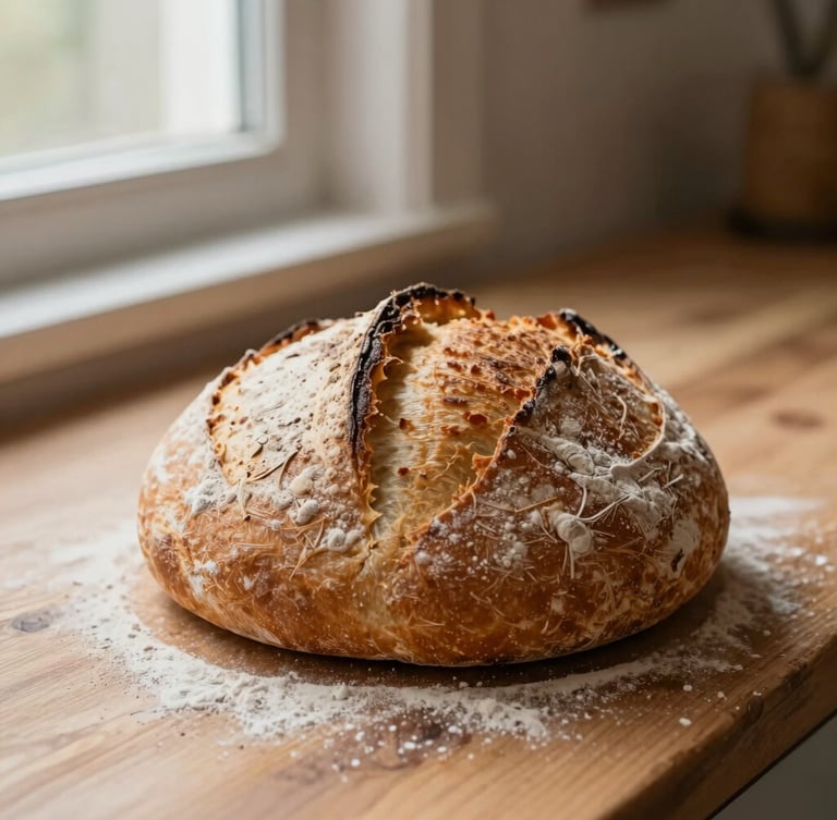 Close-up of a warm, golden-brown sourdough loaf resting on a rustic wooden counter, flour dusting on the crust, early morning window light, shallow depth of field
