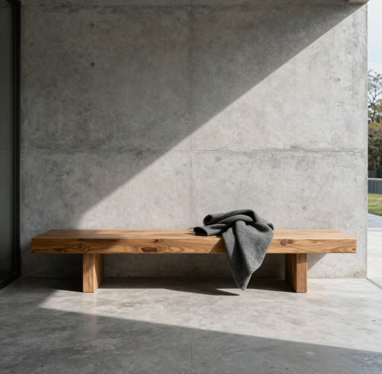 Straight-on elevation of a minimalist concrete entryway, a single textured timber bench with a wool coat draped on the edge, long morning shadows casting geometric lines across the floor, natural light.