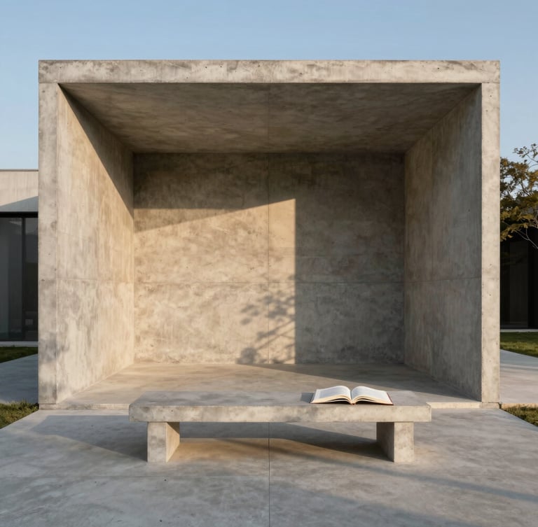 Straight-on elevation of a minimalist concrete pavilion at golden hour, long geometric shadows stretching across a raw concrete patio, an open book resting on a low concrete bench