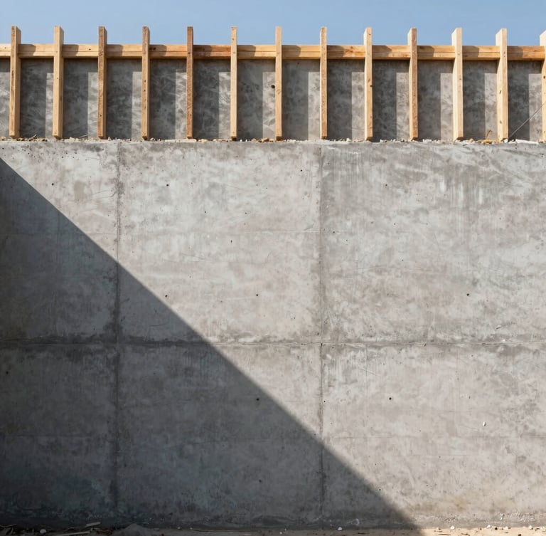 Wide environmental shot of a concrete wall under construction, sharp diagonal shadow cast by morning sun, raw timber formwork visible.