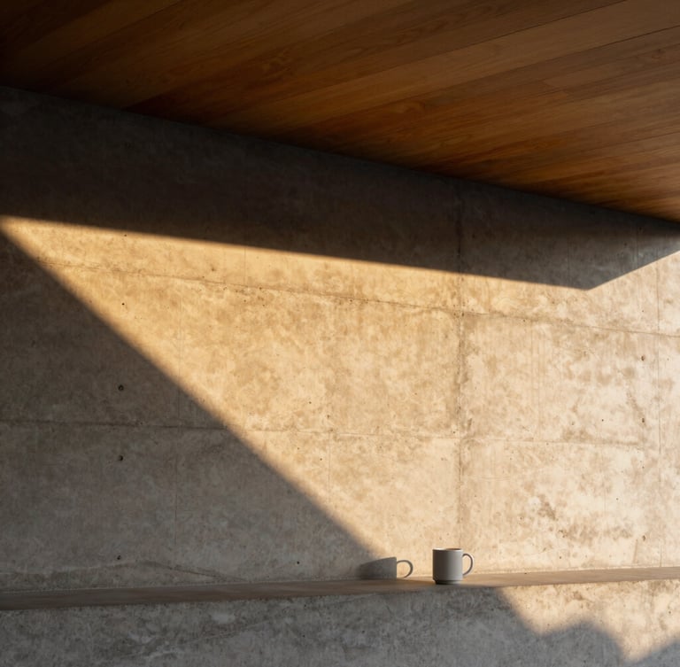 Straight-on elevation of a raw concrete wall meeting a warm timber ceiling, geometric golden hour light casting a sharp diagonal shadow, a single ceramic mug resting on a ledge.