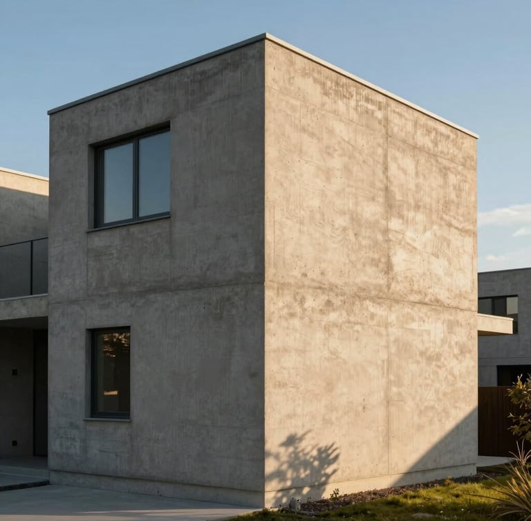 Straight-on elevation of a minimalist concrete residential structure, sharp geometric shadows cast by golden hour natural light, raw concrete texture visible.