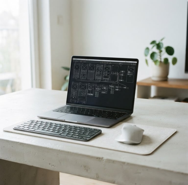 Minimalist workspace setup with a sleek laptop displaying a clean wireframe interface, soft diffused natural light, cool slate and off-white tones, 35mm photography