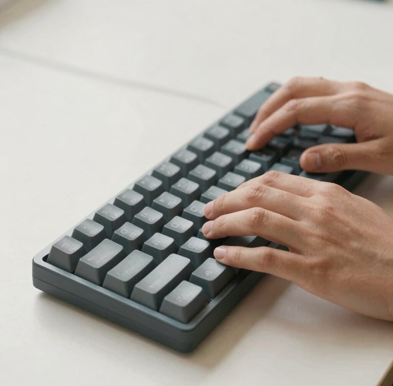 Close-up of hands typing on a mechanical keyboard, warm diffused light, clean desk setup, editorial photography style, 35mm.