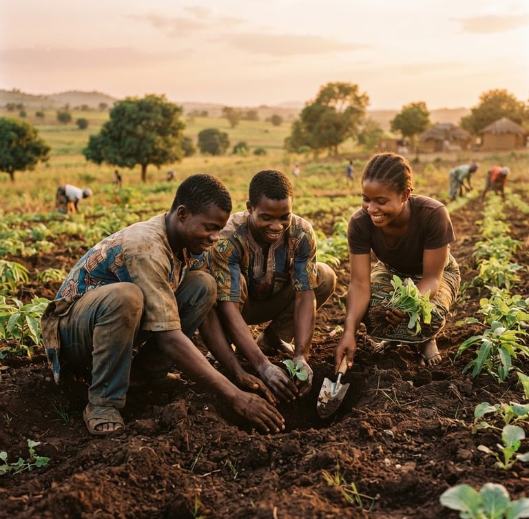 Environmental medium shot of young Togolese farmers collaborating in a sunlit field in Blitta, warm golden hour light, focus on hands planting organic crops, rich earth tones, 35mm lens