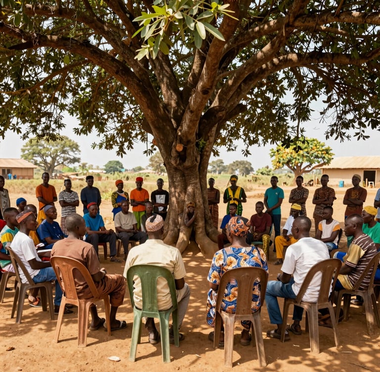 A wide environmental shot of a community gathering under a large tree in central Togo, villagers participating in a local development discussion, warm open shade