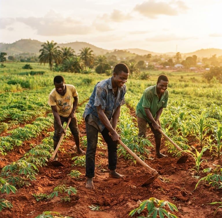 Authentic environmental portrait of young Togolese farmers working together in a sun-drenched agricultural field in Blitta, warm golden hour sunlight, rich terracotta soil, 35mm lens.