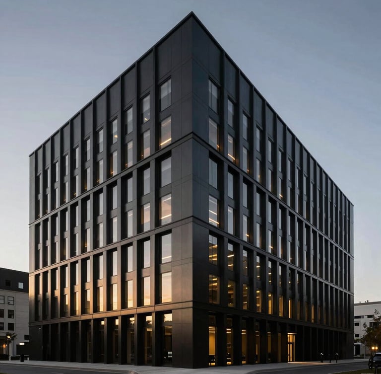 Architectural wide shot of a modern corporate headquarters clad in black ACM panels, clean joints, twilight lighting, sharp focus