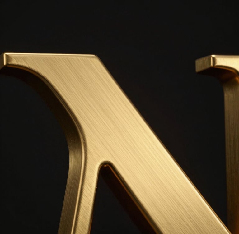 Macro extreme close-up of a premium gold finish 3D letter joint, showing brushed metallic texture and subtle backlighting, high-contrast studio lighting, 35mm