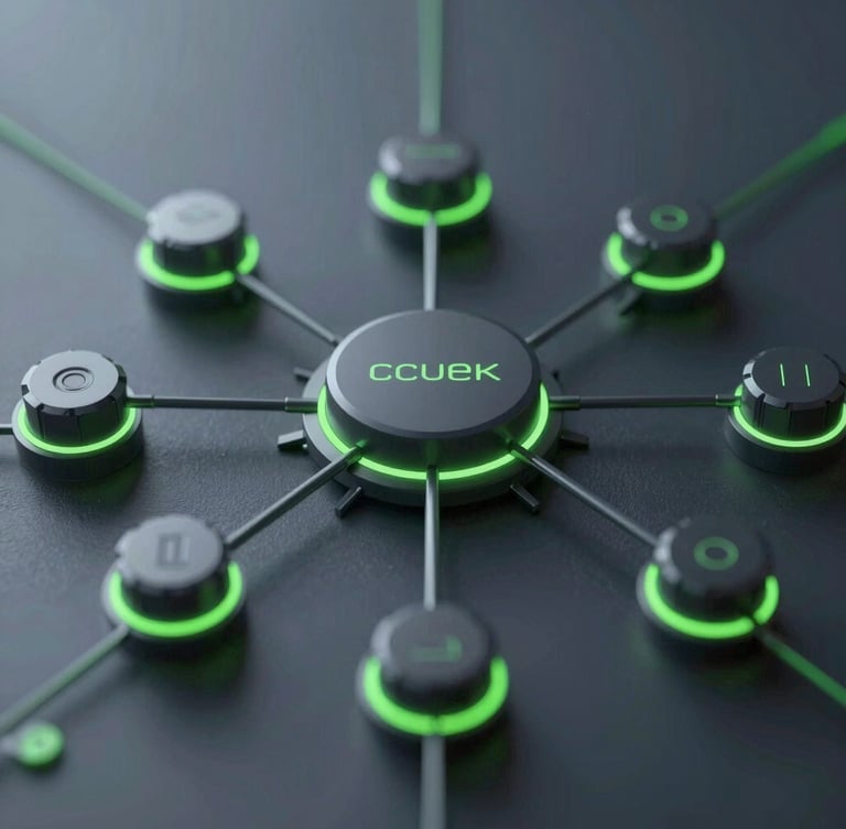 Sleek technical 3d render of a multi-modal data validation network, dark slate and neon green accents, crisp digital backlighting, macro depth of field