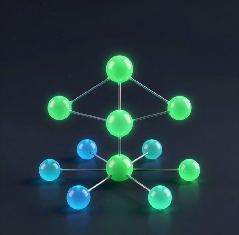 Sleek technical 3D render of a structured data visualization tree with neon green and cool blue glowing nodes, dark slate background, crisp digital backlighting, macro depth of field with sharp focus on the central validation node