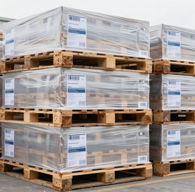 A close-up clean commercial photograph of neatly stacked wooden pallets with wrapped cargo in a bright warehouse, neutral overcast daylight, sharp focus on shipping labels.
