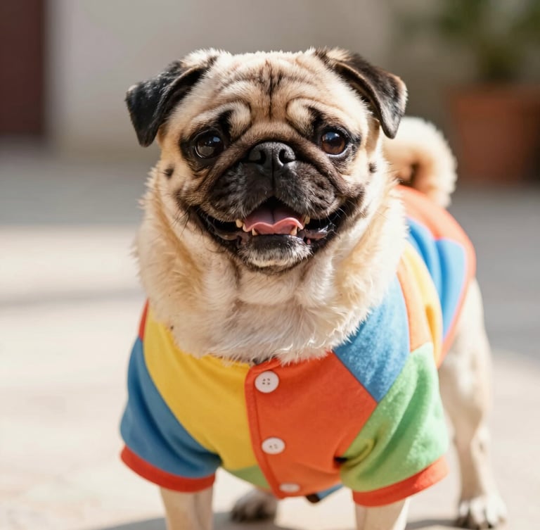 Vibrant eye-level portrait of a happy pug wearing a perfectly fitted colorful handmade shirt, standing in warm natural sunlight, 35mm photography