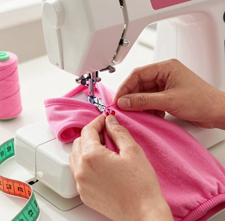 Close-up of hands carefully stitching a bright pink cotton pet hoodie on a sewing machine, colorful threads and measuring tape nearby, warm daylight