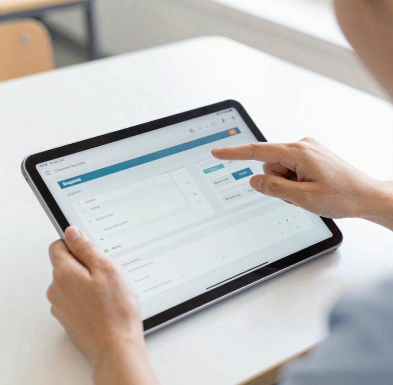 Close-up of an educator's hands interacting with a clean tablet training interface displaying learning analytics, bright natural classroom light