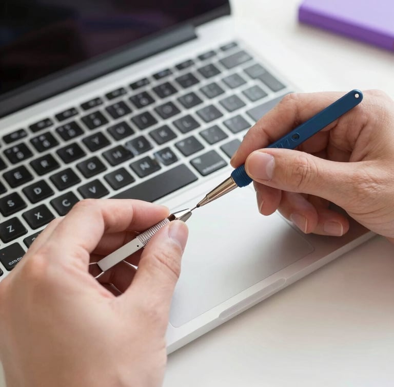 Close-up of hands carefully repairing a laptop keyboard with precision tools, bright natural daylight, clean organized workspace