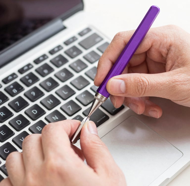 Bright clean photography, soft natural daylight, close-up of hands carefully repairing a laptop keyboard with precision tools, subtle purple accent