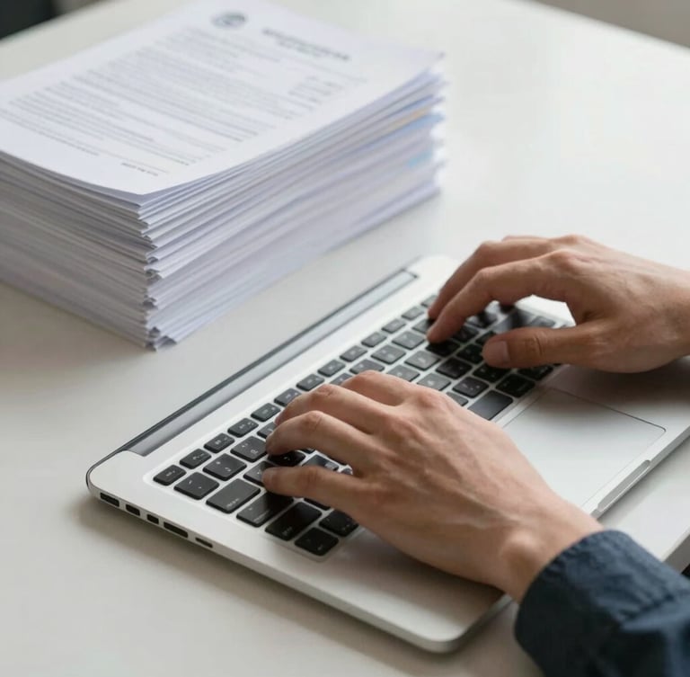 Close-up on hands typing on a laptop next to an organized stack of official documents with stamps, bright neutral daylight, clean workspace.