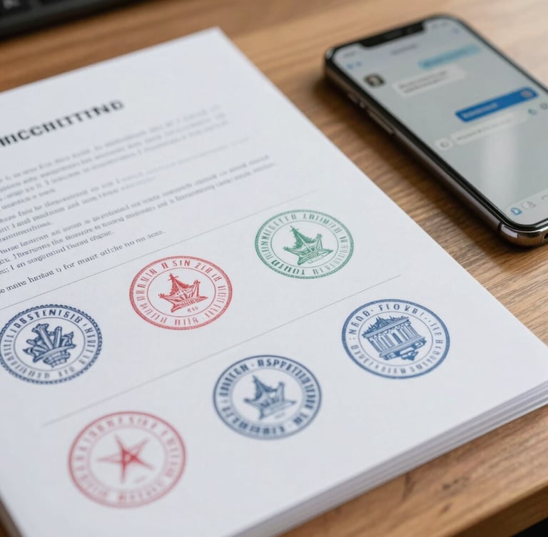 Close-up of organized physical documents with official stamps on a wooden desk next to a smartphone showing a secure chat, bright daylight lighting