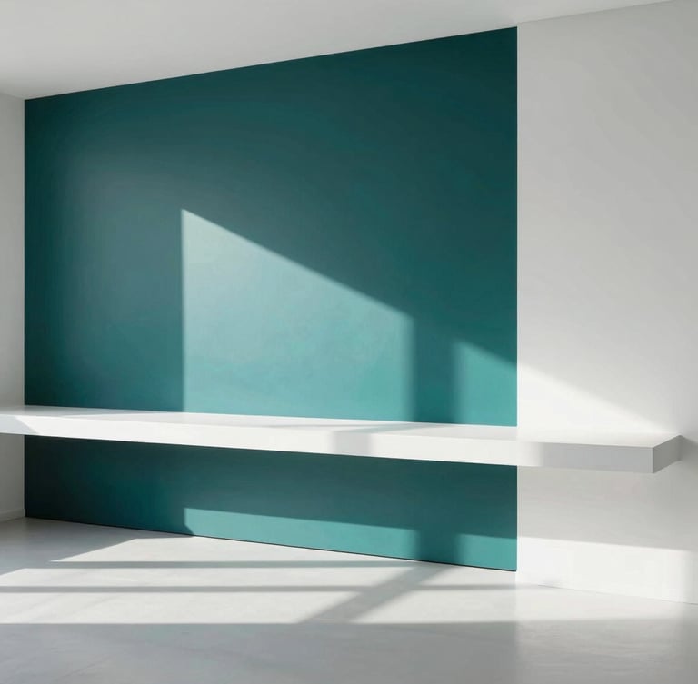 Crisp architectural shot of a modern minimalist creative studio interior with deep teal accents, natural side-lighting casting sharp shadows, 35mm lens