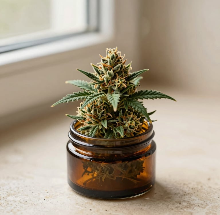 Macro close-up of pristine, trichome-rich cannabis flower inside a minimalist amber glass jar on a warm cream stone surface, soft natural afternoon window light, 35mm