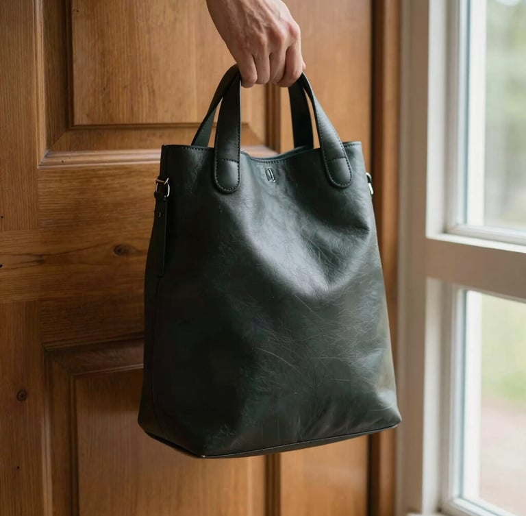 A close-up of a hand holding a sleek, unmarked dark leather bag near a wooden residential door, soft natural afternoon light