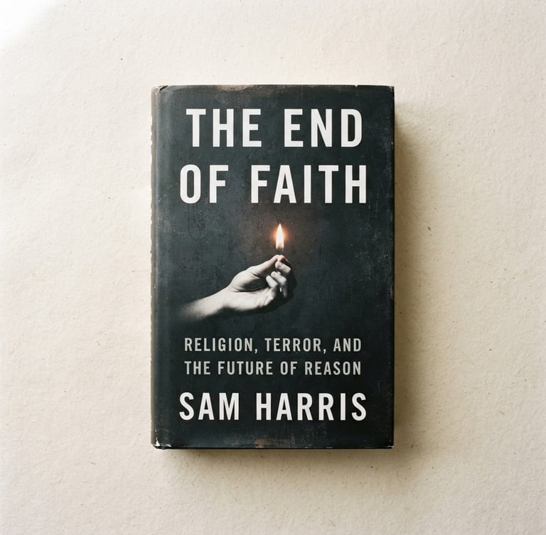 A high-contrast clean scan of the book cover of 'The End of Faith' by Sam Harris, resting on a textured off-white paper background, soft natural window light casting a gentle shadow to the right, sharp focus, editorial book photography.