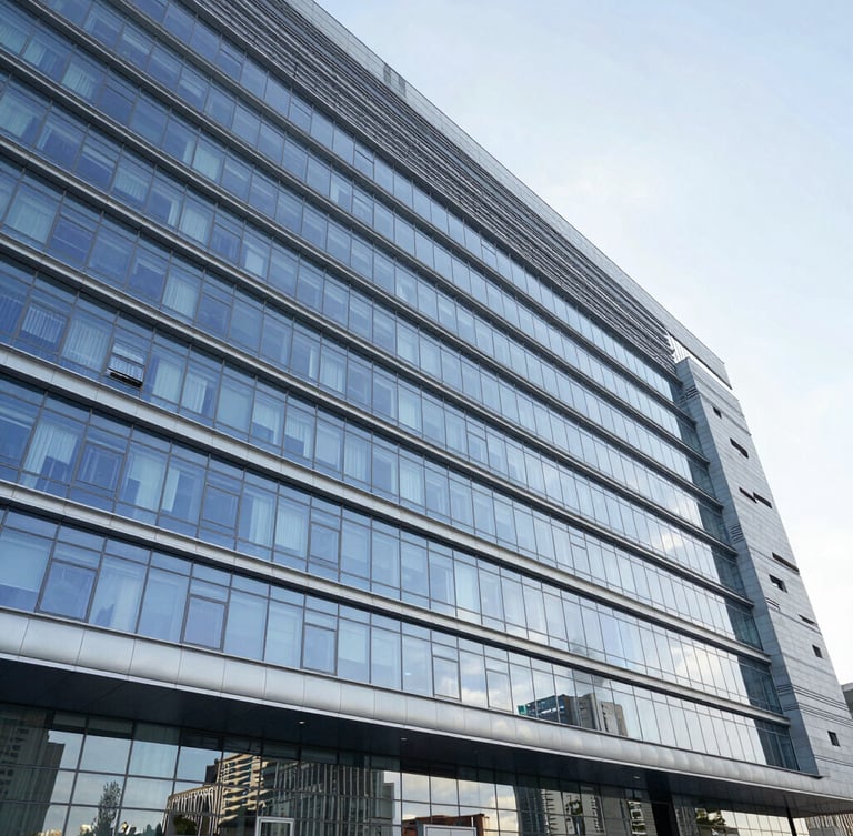 Wide architectural angle of a modern hospital facade in Baku, cool daylight, sharp metallic reflections, pristine glass windows.