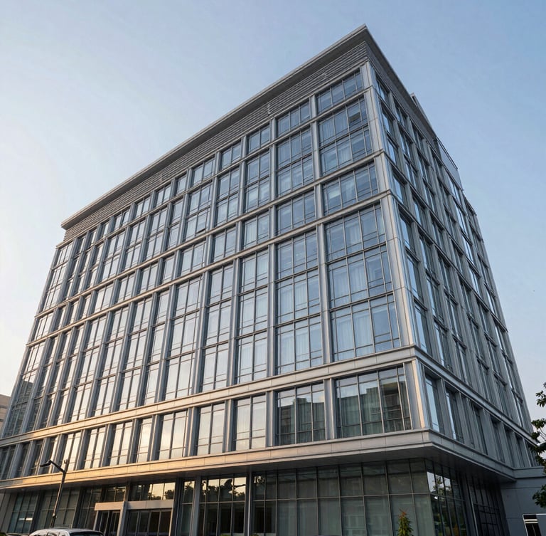 Wide angle architectural rendering of a modern hospital facade with clean glass and steel, cool morning daylight, sharp silver-metallic reflections.