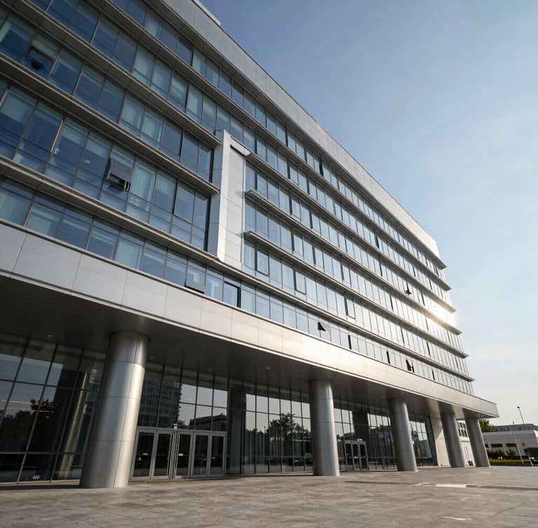 Wide-angle architectural rendering of a modern hospital facade in Baku, sharp glass and silver-metallic panels reflecting cool daylight, high-contrast shadows, expansive negative space.