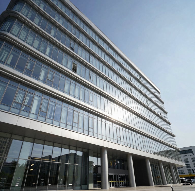 Wide angle architectural photo of a modern hospital facade in Baku, cool daylight, high-contrast shadows, silver-metallic reflections on glass.