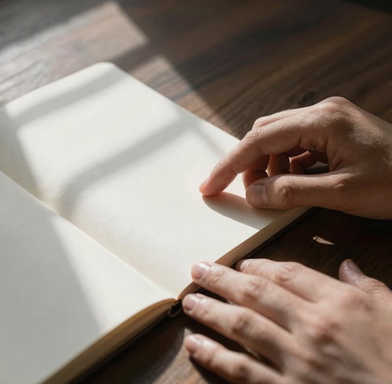 Close-up macro shot of hands resting on a dark wooden desk beside an open notebook, high-contrast natural light casting geometric window shadows.