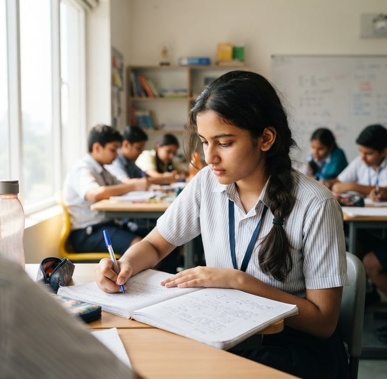 Bright editorial photography of a focused Indian high school student writing notes in a modern, sunlit classroom, sharp focus, authentic tone.