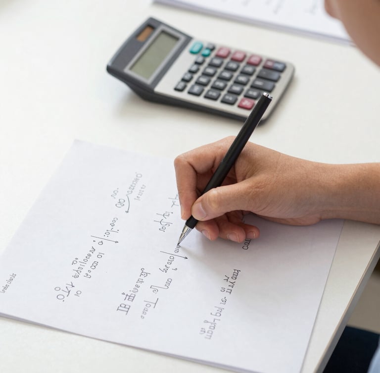 A close-up of a student's hand solving a complex physics equation on a clean white desk, with handwritten formulas and a calculator nearby, bright natural daylight.
