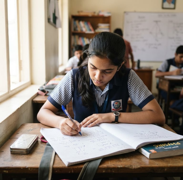 A focused Indian high school student writing physics equations on paper under bright natural light, sharp focus, clean academic setting.