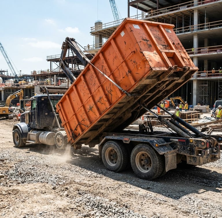 Low-angle heroic shot of a massive safety-orange 40-yard roll-off dumpster being lowered onto a gravel commercial construction site by a heavy-duty hydraulic truck, harsh direct sunlight casting sharp industrial shadows, grit and steel textures.
