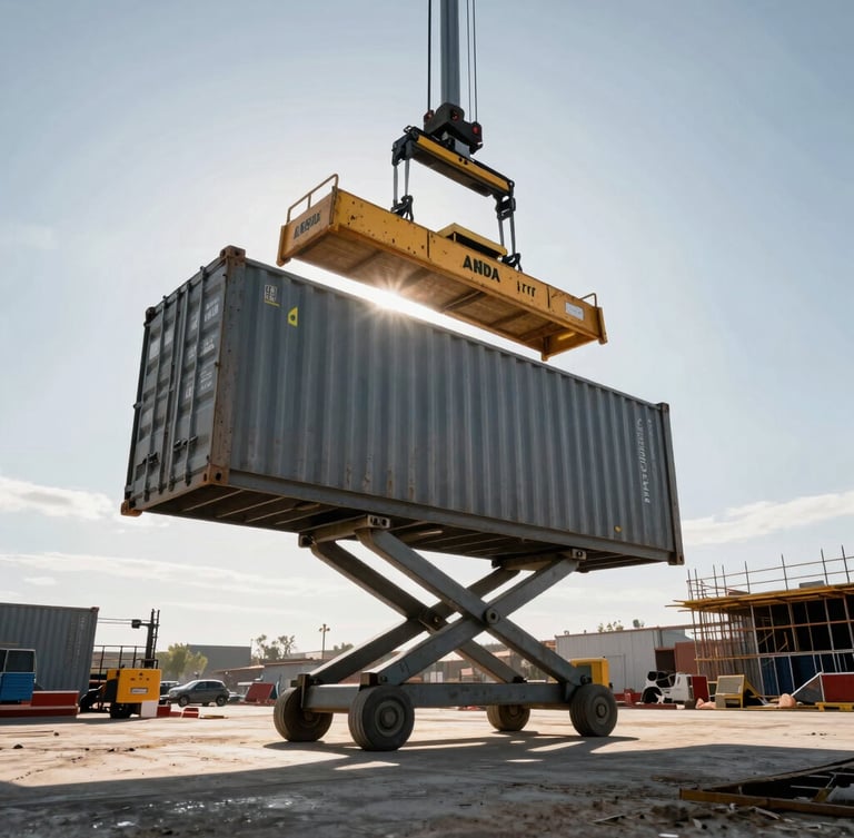 Low-angle heroic shot of a heavy-duty hydraulic lift loading a steel container on an active commercial construction site, harsh direct daylight, dramatic shadows