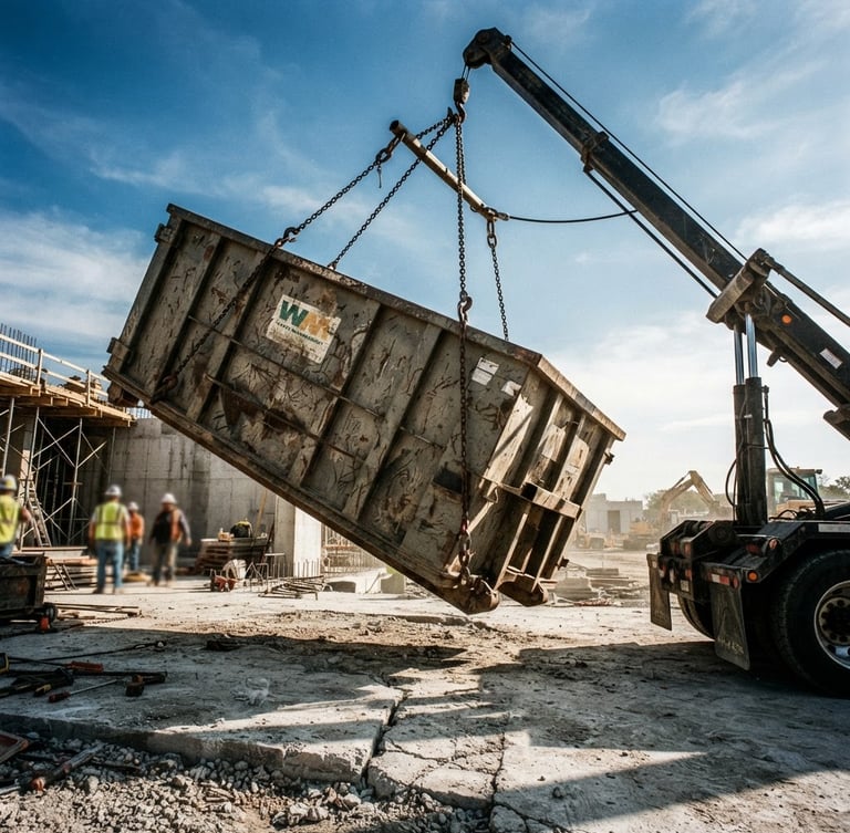 Low-angle heroic shot of a heavy-gauge steel roll-off dumpster being lowered onto a gritty concrete job site, harsh direct sunlight, dramatic shadows, industrial rigging visible