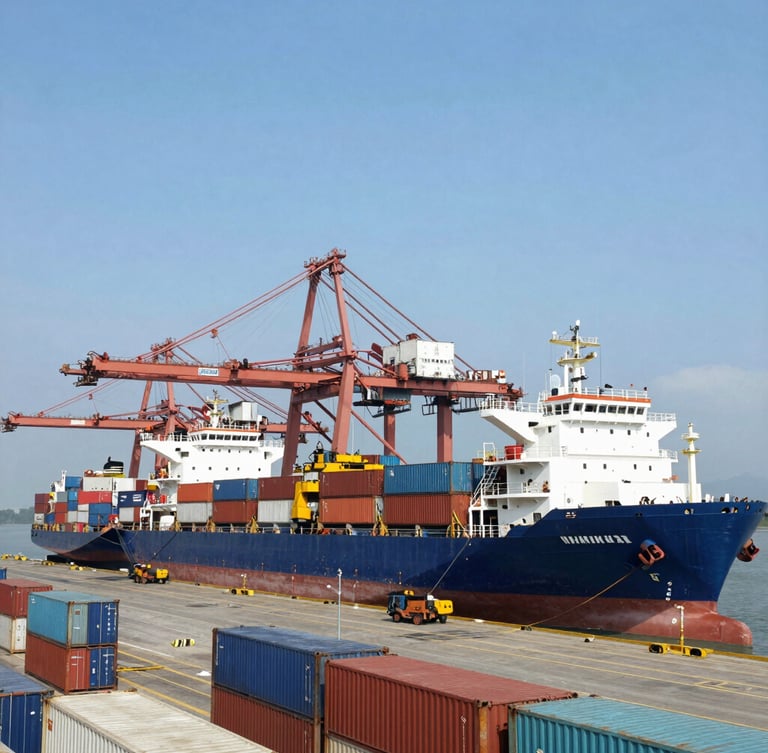 Wide environmental shot of Timika industrial port, container ships loading under bright clear daylight, representing Mimika's trade gateway.