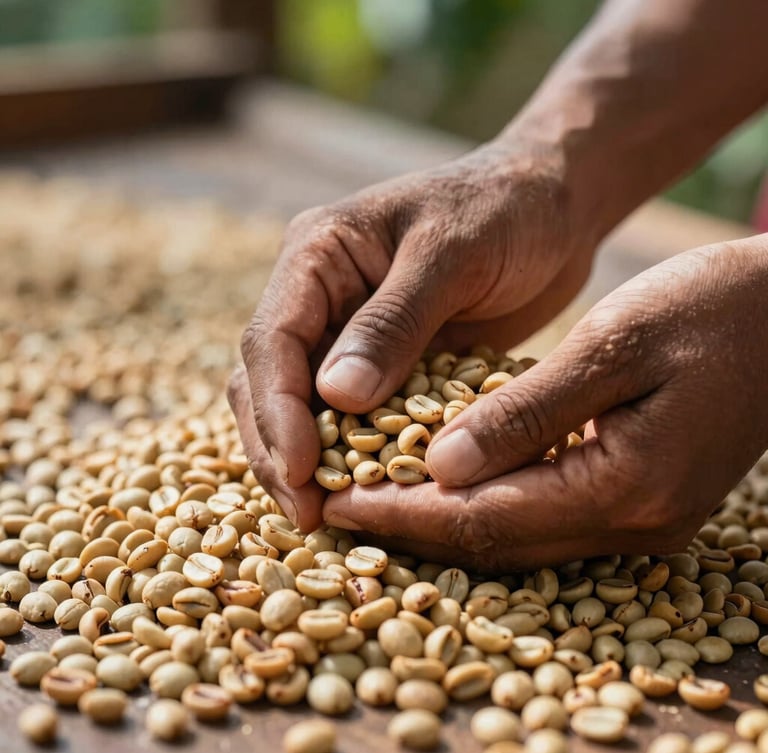 Close-up of local Papuan coffee beans being sorted by hand under bright natural morning light, showcasing high-quality agricultural craftsmanship.