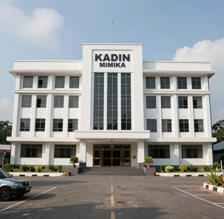Wide environmental shot of the modern KADIN Mimika secretariat building in Timika, clean professional lighting, bright daylight, showing official institutional presence.