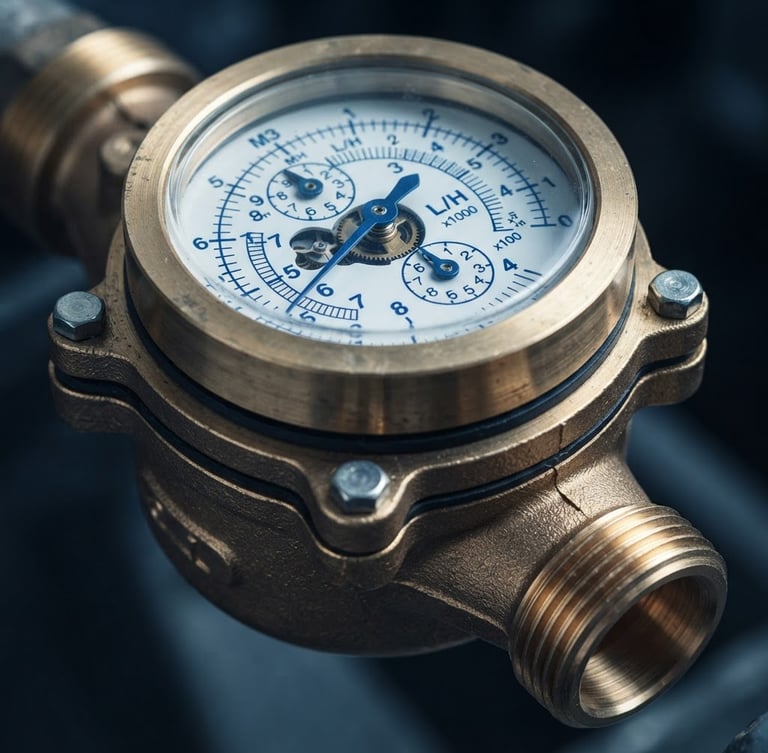 Close-up of a heavy brass water meter body with blue dial markings, high-precision machined threads, clean studio lighting, cool blue undertone