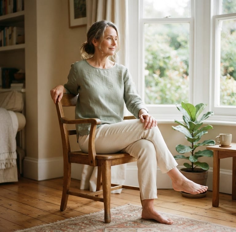 A serene woman in her 50s practicing a gentle seated stretch on a wooden chair, soft morning light streaming through a window, warm beige and muted sage tones, 35mm photography