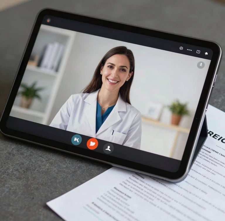 Close-up of a tablet screen displaying a secure video call with a smiling professional consultant, official stamped documents resting neatly beside it.