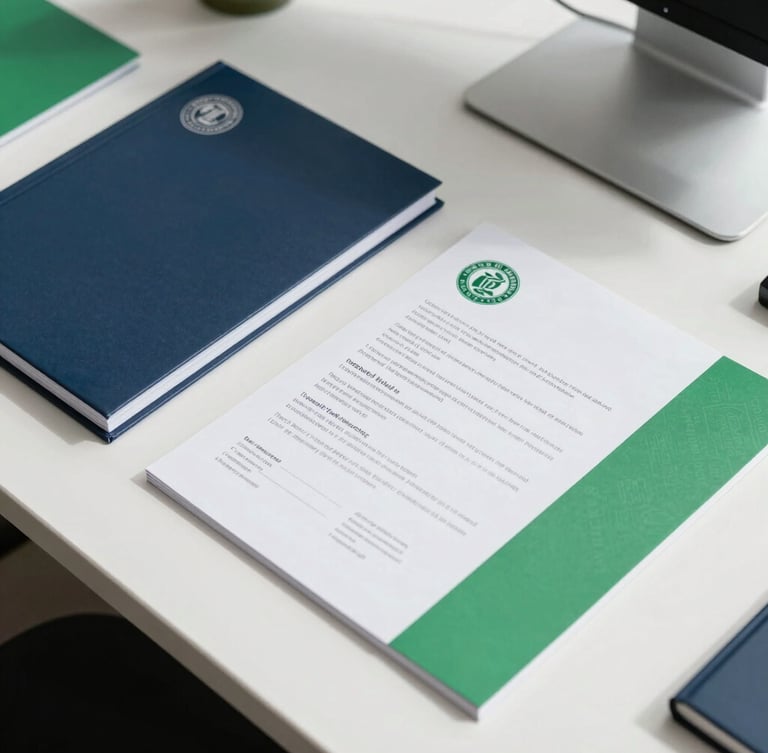 Overhead shot of organized physical documents with official stamps, clean modern desk, bright daylight, high contrast navy and green accents